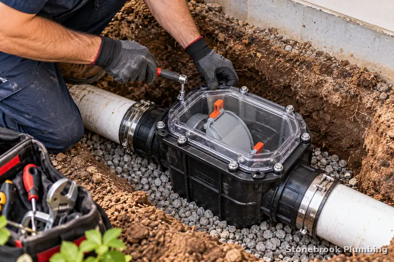 Backwater valve with a clear access lid installed on a sewer line to prevent backups