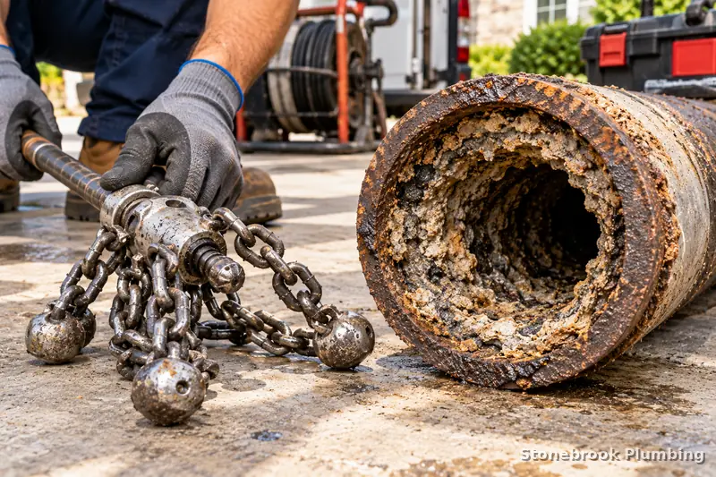 Chain descaling tool beside a heavily scaled old cast iron sewer pipe cross-section