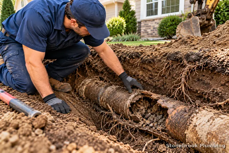 Plumber inspecting a collapsed, root-damaged sewer pipe in an excavated trench