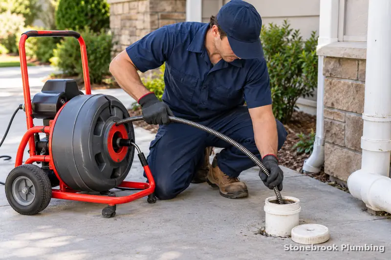 Plumber using a motorized drain machine to clear a residential sewer drain through the cleanout