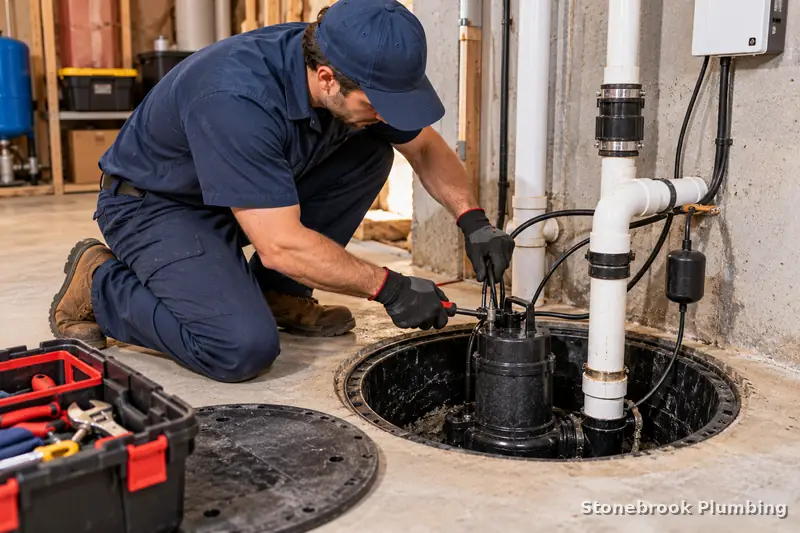 Plumber servicing a sewage ejector and sump pump in a residential basement