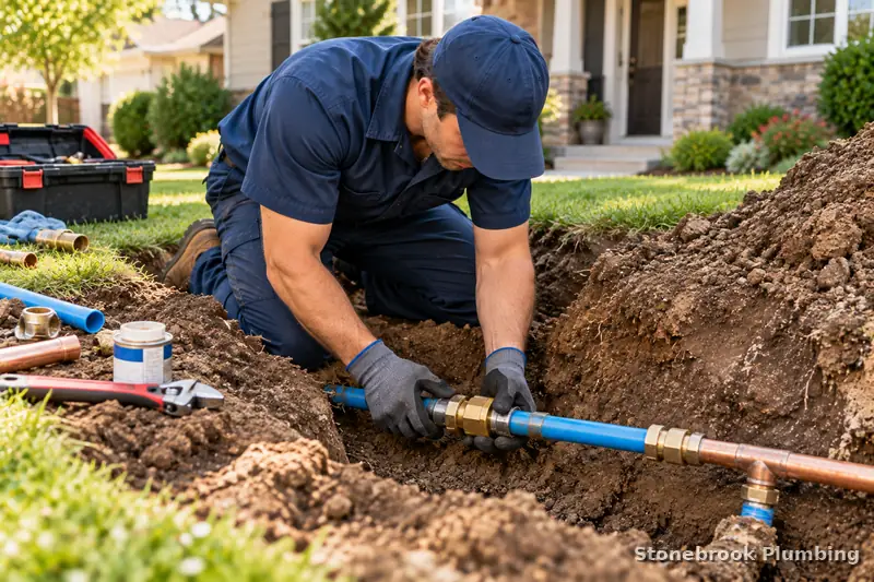 Plumber repairing a main water supply line in an excavated trench in a front yard