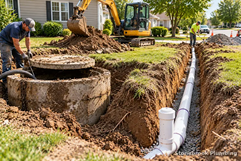 Old septic tank being decommissioned as a new sewer lateral trench runs toward the street