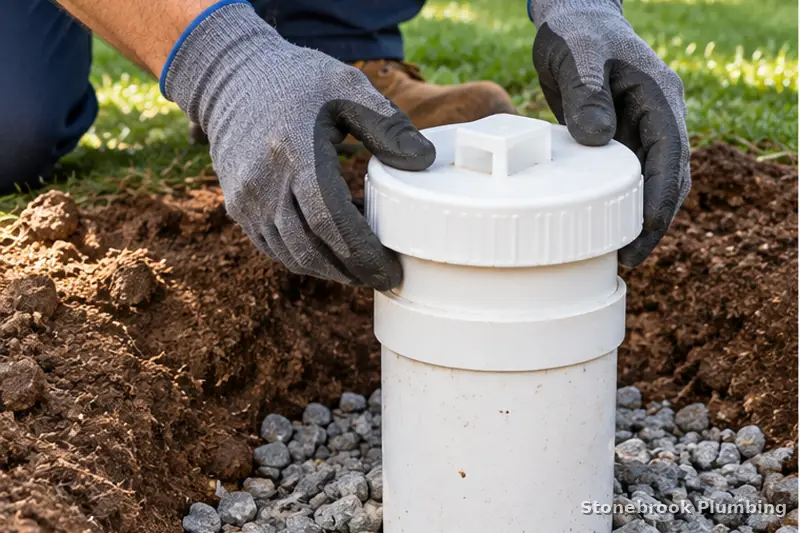 Newly installed white PVC sewer cleanout riser with a screw cap in a residential yard