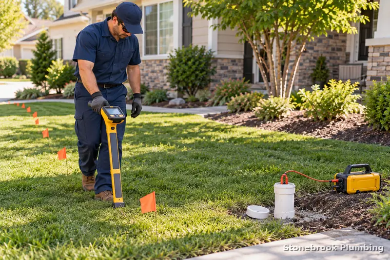 Technician locating an underground sewer line with a locator wand and marking flags