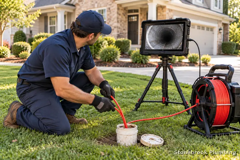 Sewer scope camera inspection at a home cleanout with the pipe interior shown on the monitor